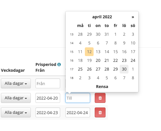 Visar hur prisperiod ställs in med slutdatum på pris nr 2